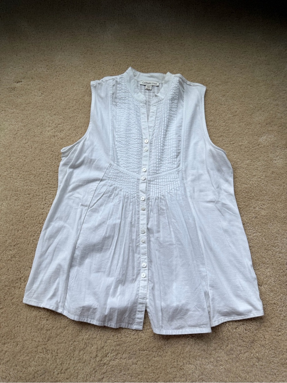 Coldwater Creek White Pleated Sleeveless Cotton Blouse - Size M (10-12) - EUC